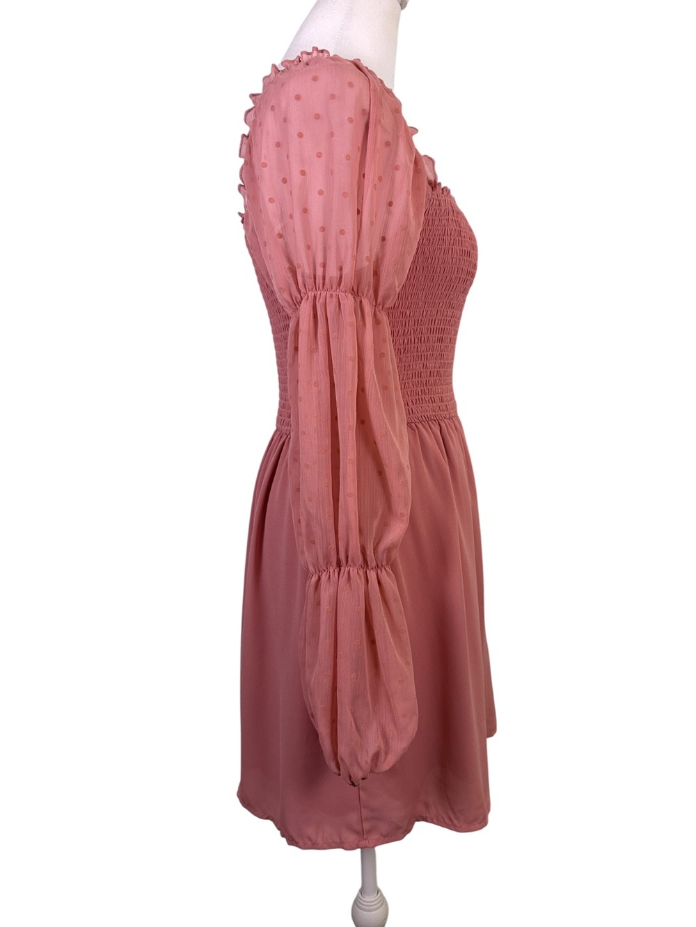 Allison & Kelly Dusty Rose Smocked Swiss Dot Puff Sleeve Dress M - Picture 3 of 10
